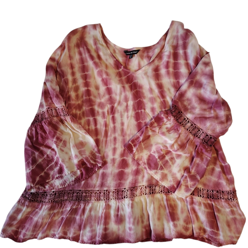 Unique Spectrum Pink White Tie-Dye Embroidered Lace Top Blouse Size 2X..........